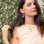 Majorca Gold Pearl Drop Earrings by Lavana, on model; classic organic open curves with central freshwater pearl
