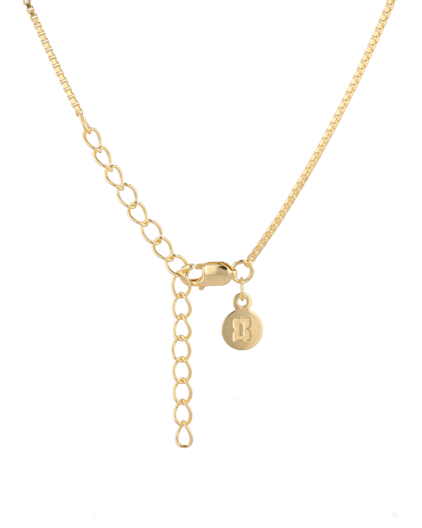 Mali Gold Box Chain Necklace by Lavana, with polished, square link profile, clasp