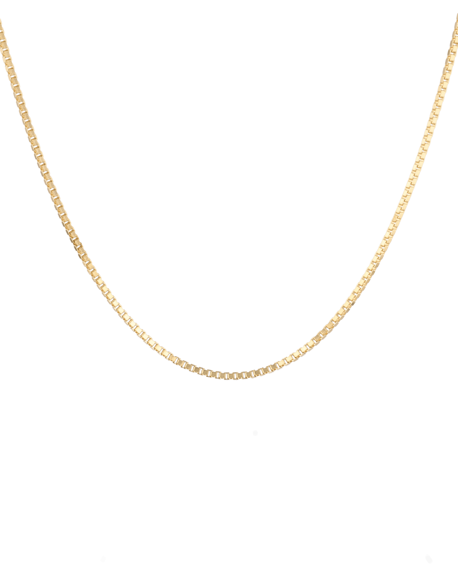 Mali Gold Box Chain Necklace by Lavana, with polished, square link profile, front view