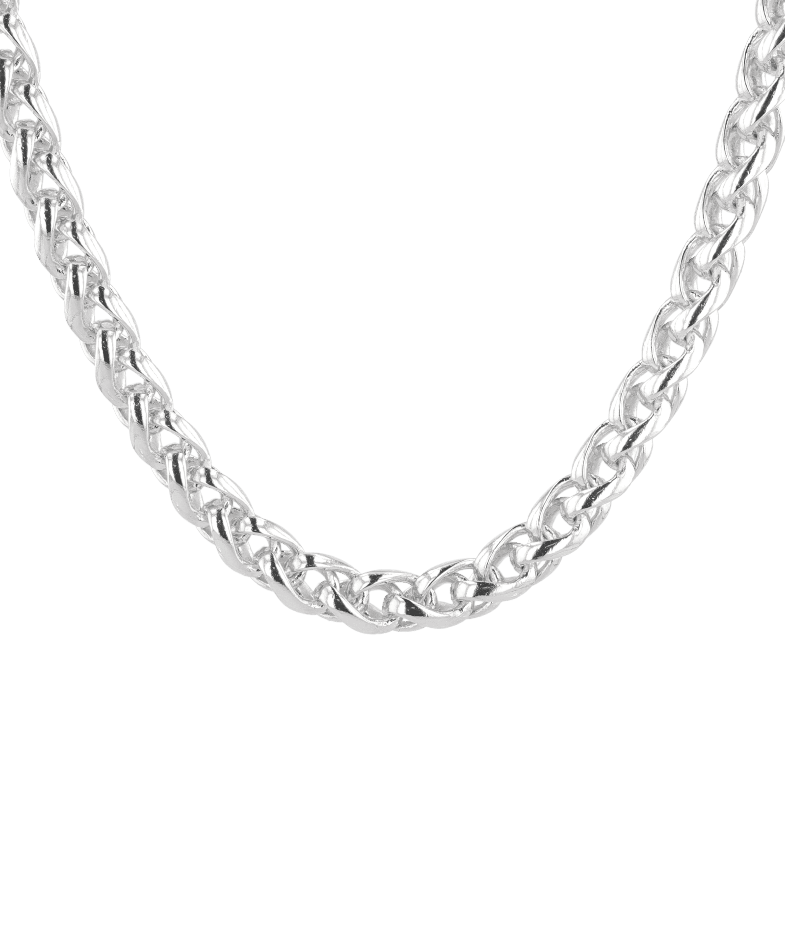 Marseille Silver Wheat Chain Necklace by Lavana, with chunky, polished wheat links, front view