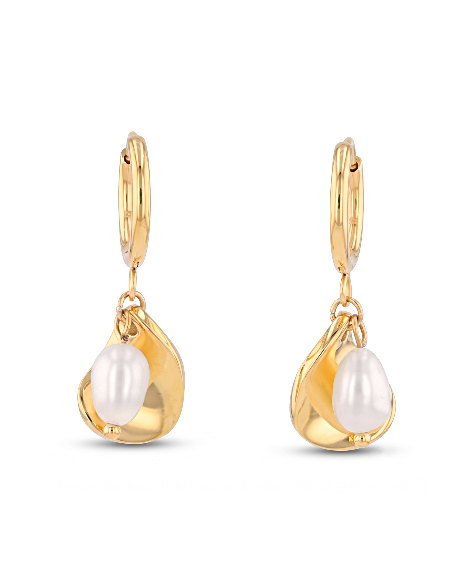 Maxime gold pearl hoop earrings by Lavana freshwater pearl hoop earrings with sculptural charm design 1