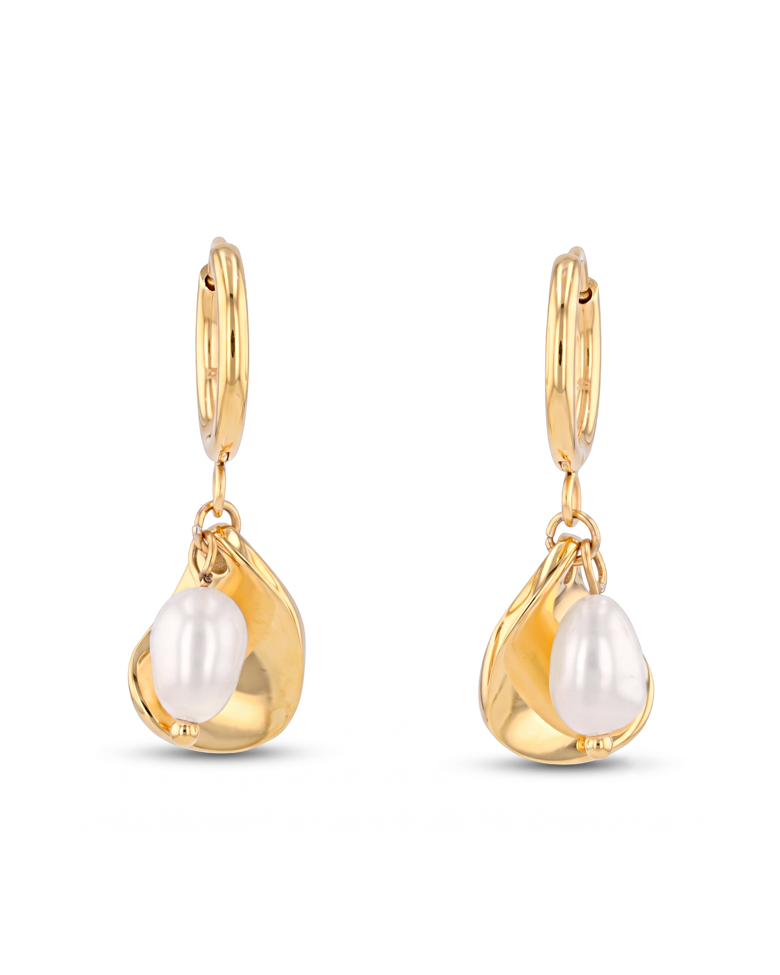 Maxime gold pearl hoop earrings by Lavana freshwater pearl hoop earrings with sculptural charm design 1