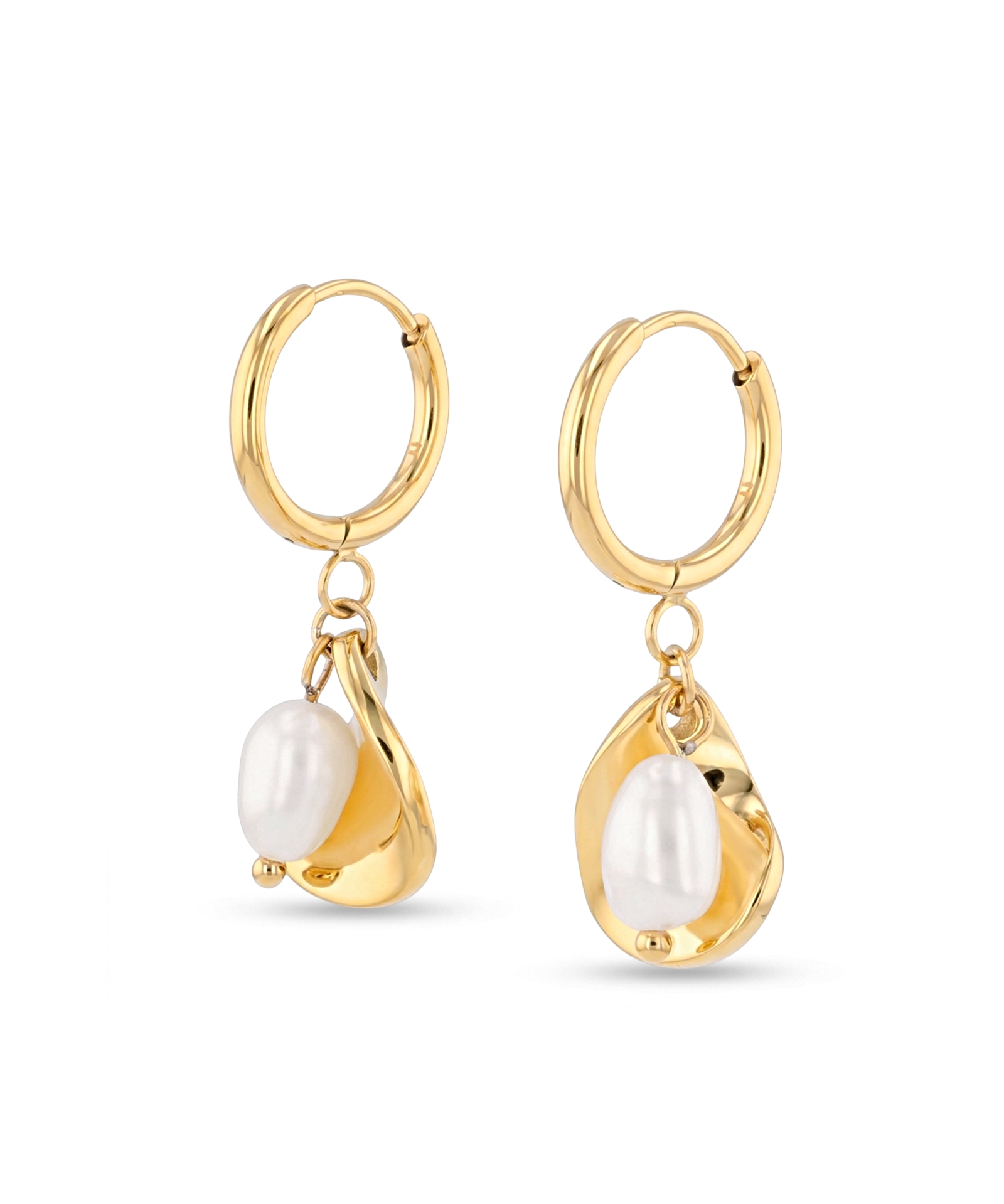 Maxime gold pearl hoop earrings by Lavana freshwater pearl hoop earrings with sculptural charm design 2