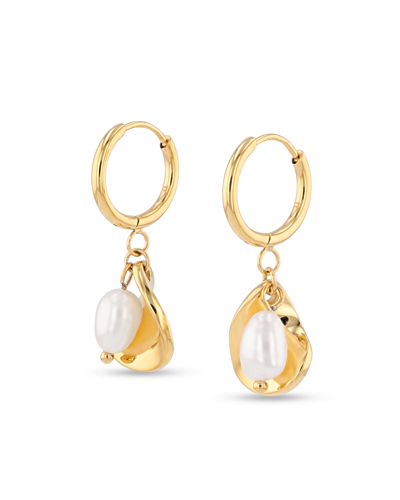 Maxime gold pearl hoop earrings by Lavana freshwater pearl hoop earrings with sculptural charm design 2