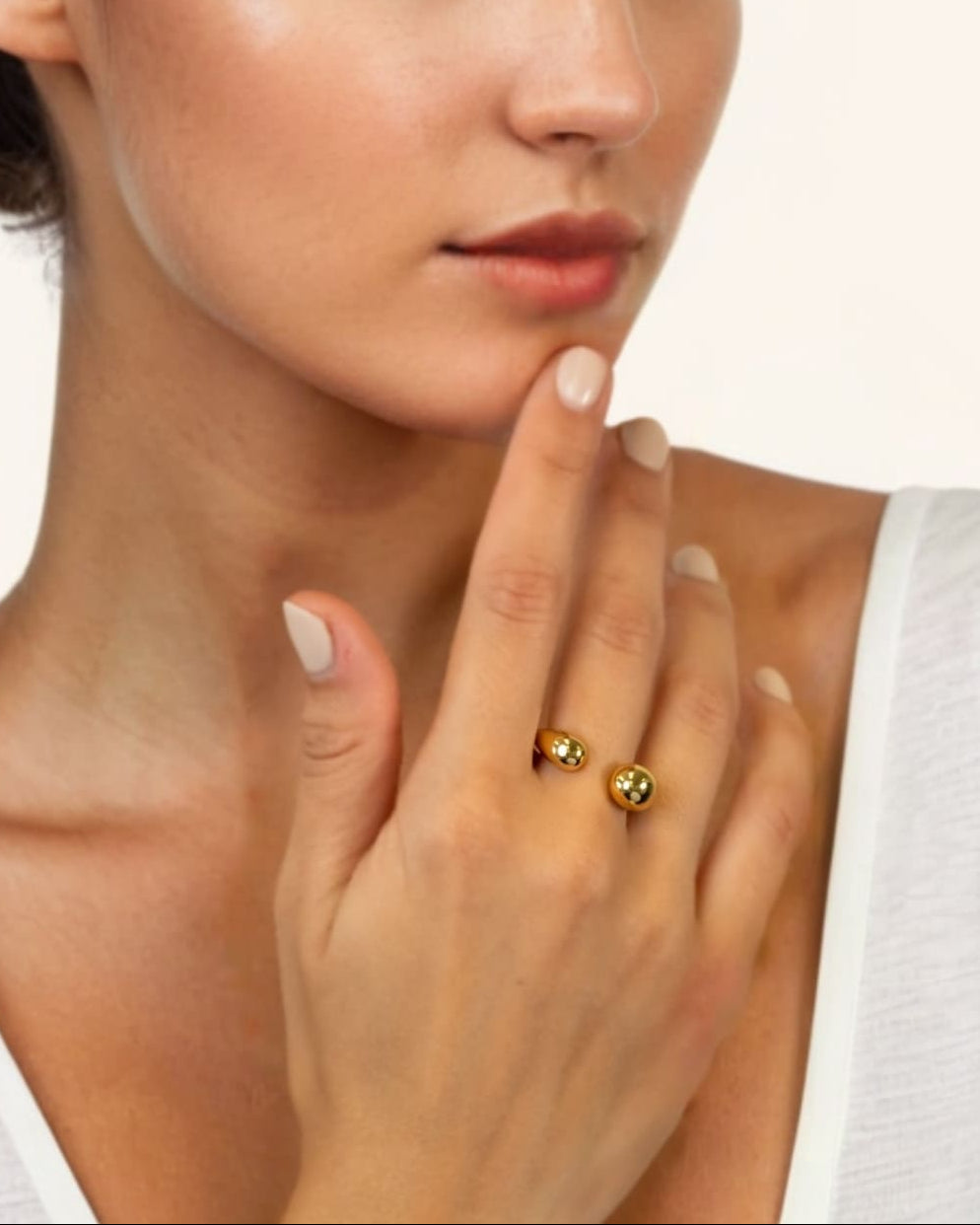 Melt Gold Open Ring by Lavana on model with polished molten dome ends