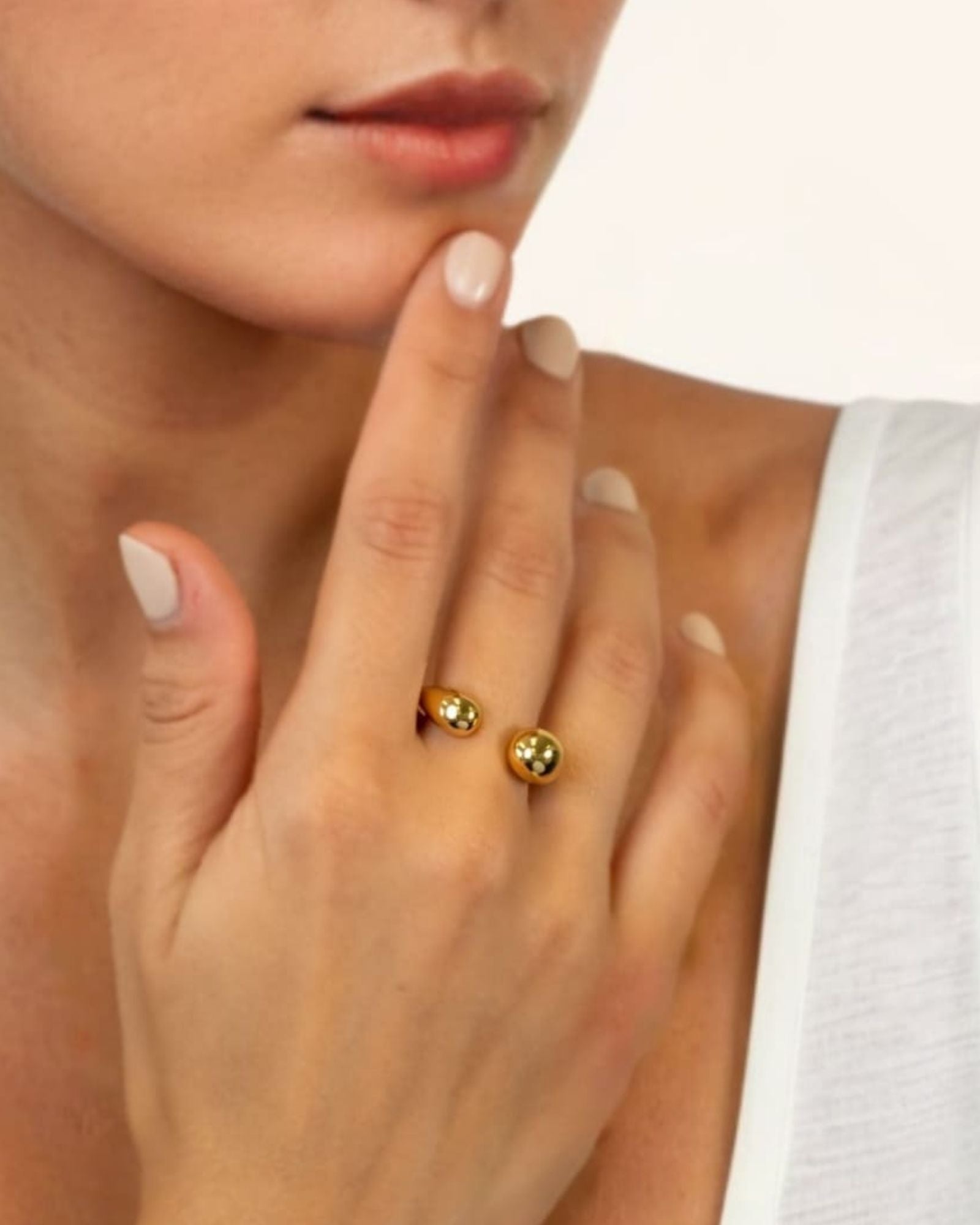 Melt Gold Open Ring by Lavana on model with polished molten dome ends