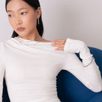 Melt silver open ring by Lavana on model with modern polished molten dome ends