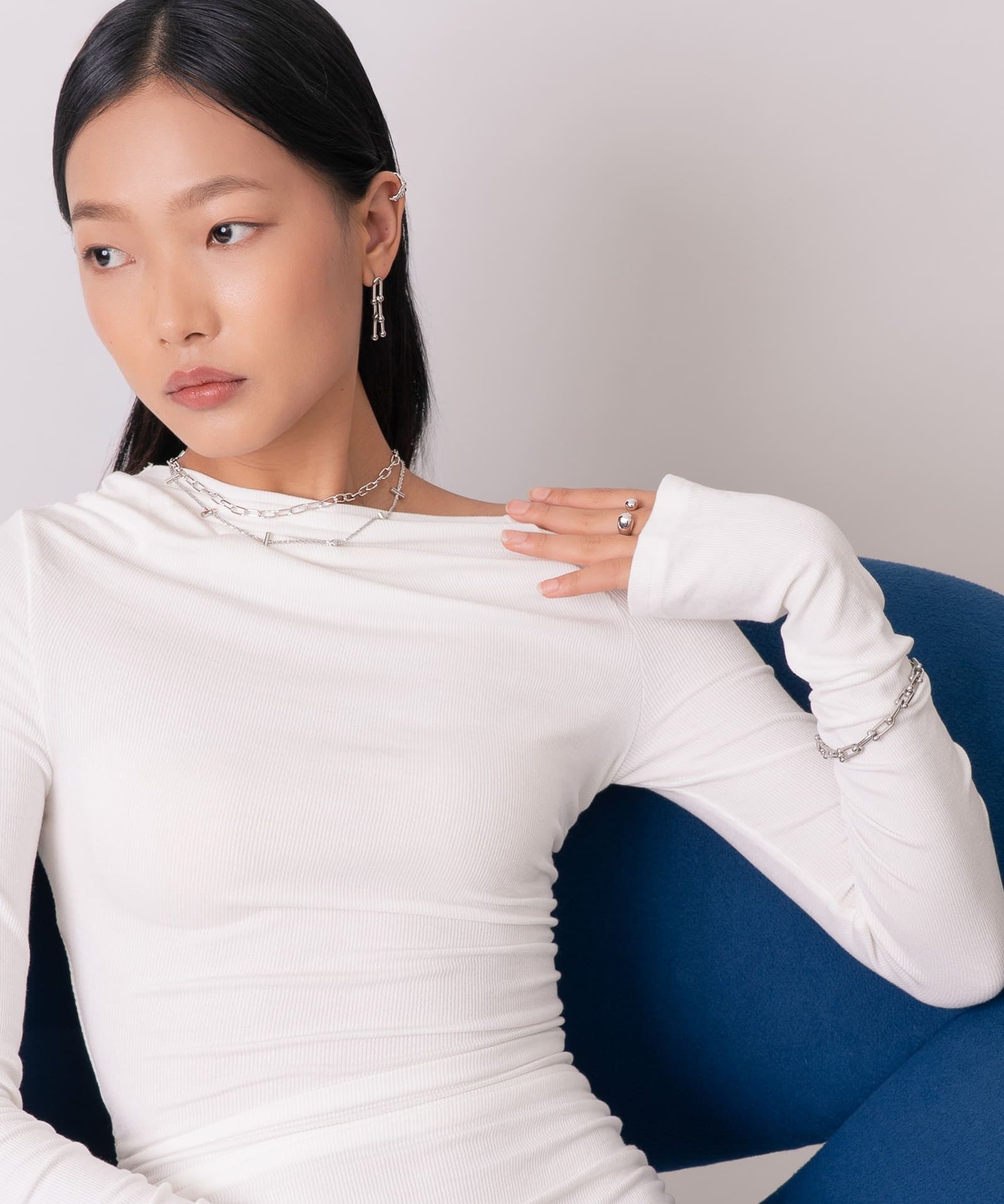 Melt silver open ring by Lavana on model with modern polished molten dome ends