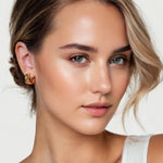 Milano Jigsaw Gold Vermeil Hoop Earrings by Lavana on model interlocking panels with lab-grown diamond and polished sections