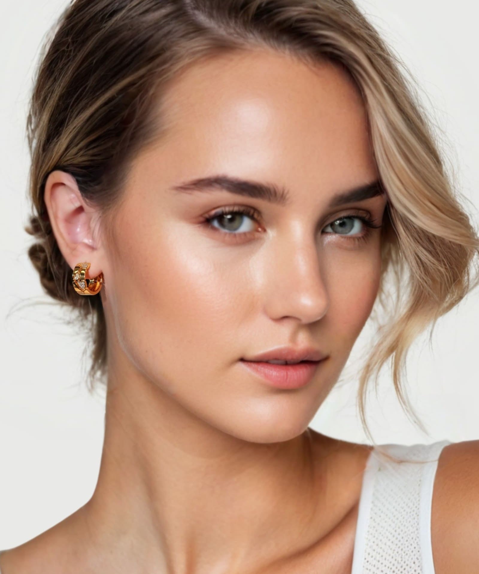 Milano Jigsaw Gold Vermeil Hoop Earrings by Lavana on model interlocking panels with lab-grown diamond and polished sections