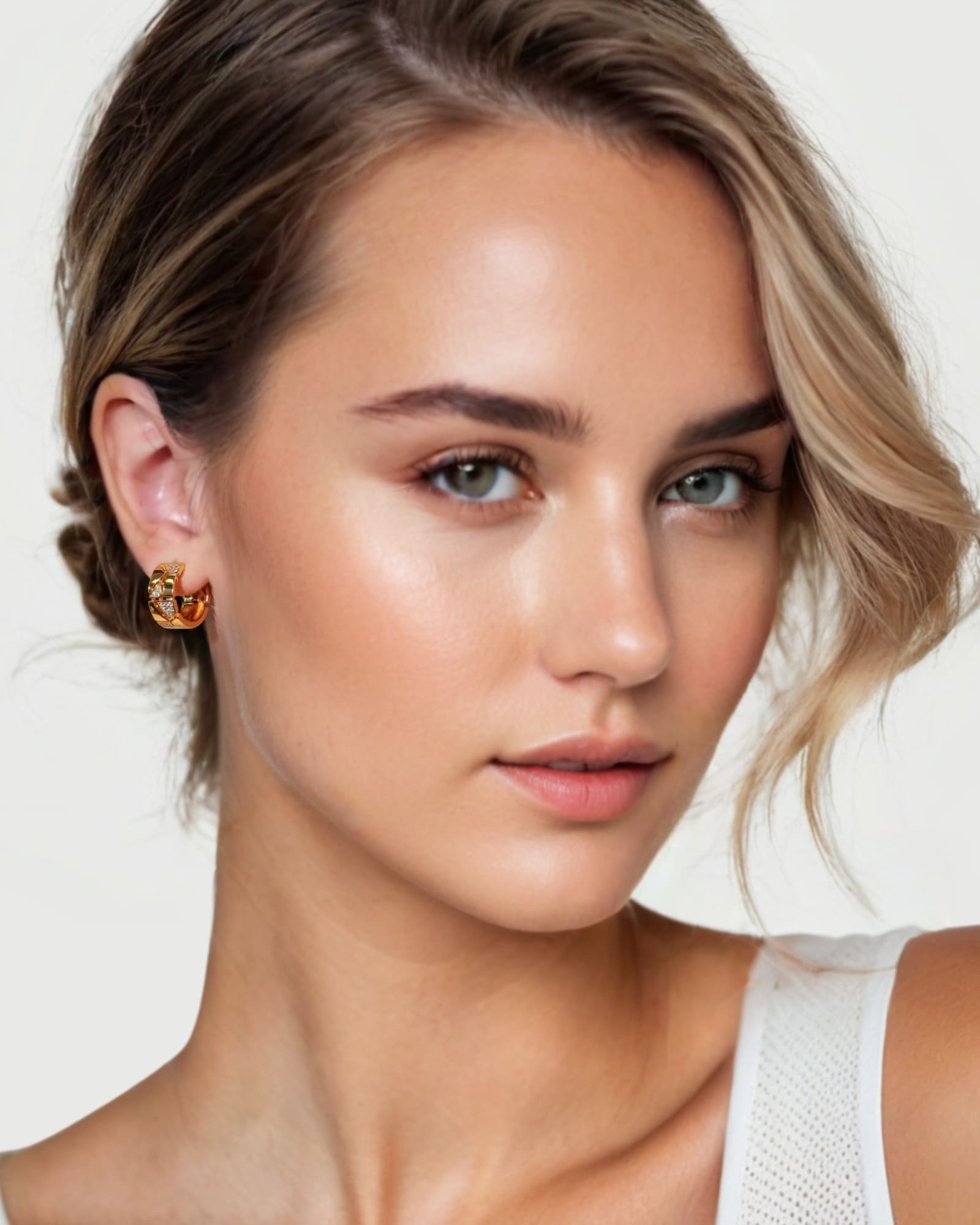 Milano Jigsaw Gold Vermeil Hoop Earrings by Lavana on model interlocking panels with lab-grown diamond and polished sections