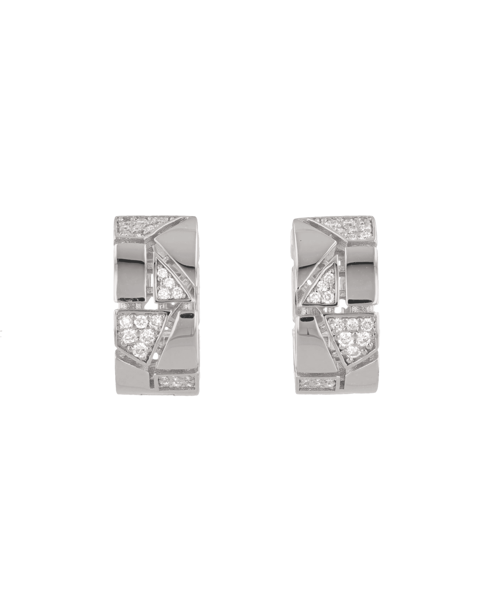 Milano Jigsaw Silver Hoop Earrings by Lavana – Interlocking panels with lab grown diamond and polished sections