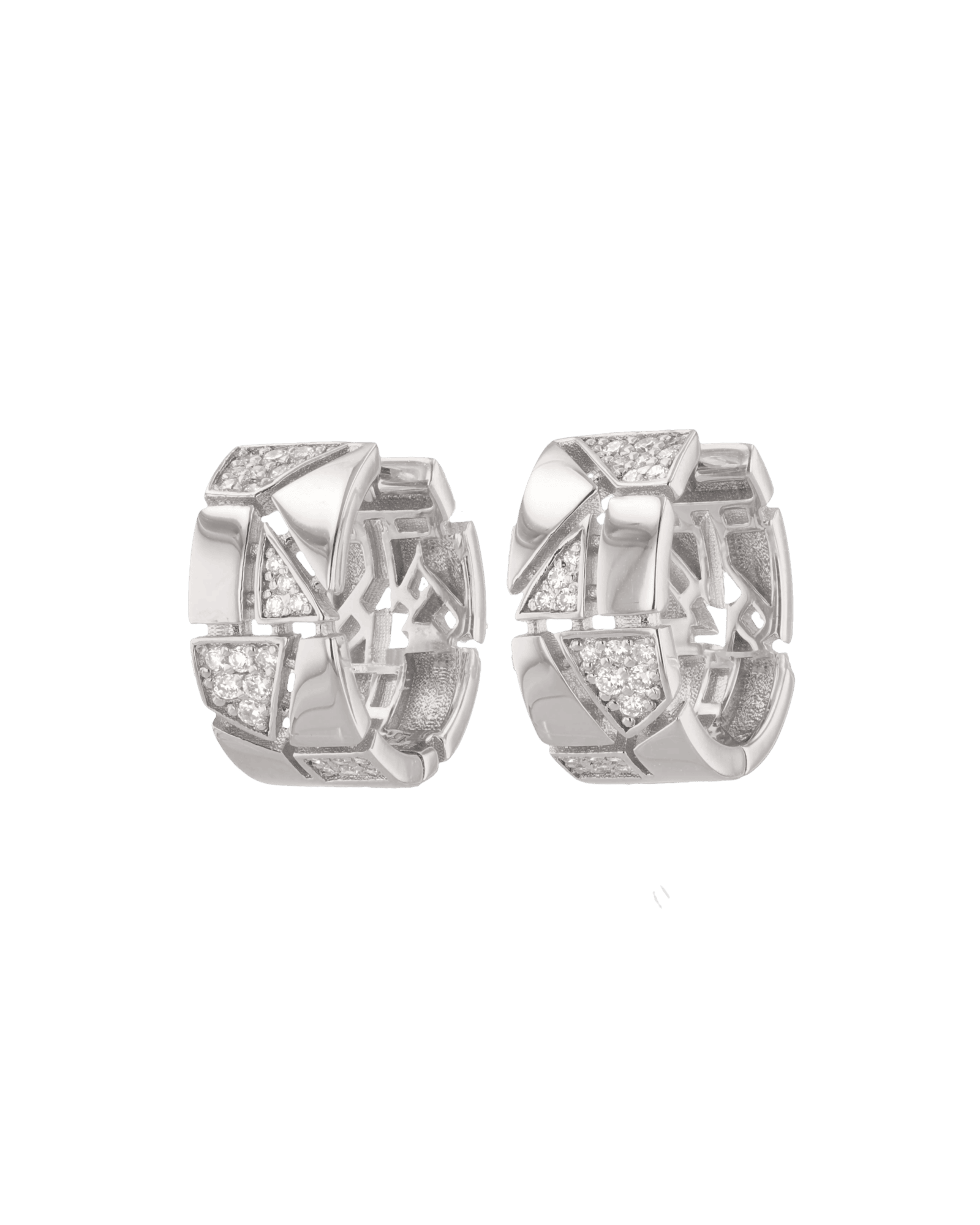 Milano Jigsaw Silver Hoop Earrings by Lavana – Interlocking panels with lab grown diamond and polished sections