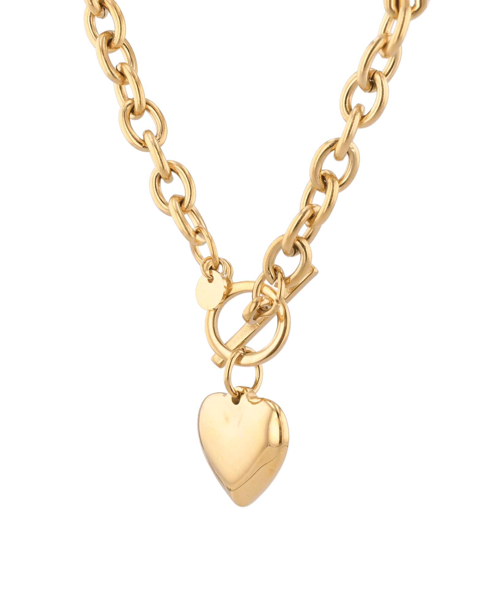 Mod Heart Gold Chain Necklace by Lavana, chunky rolo chain with polished heart charm, angled view