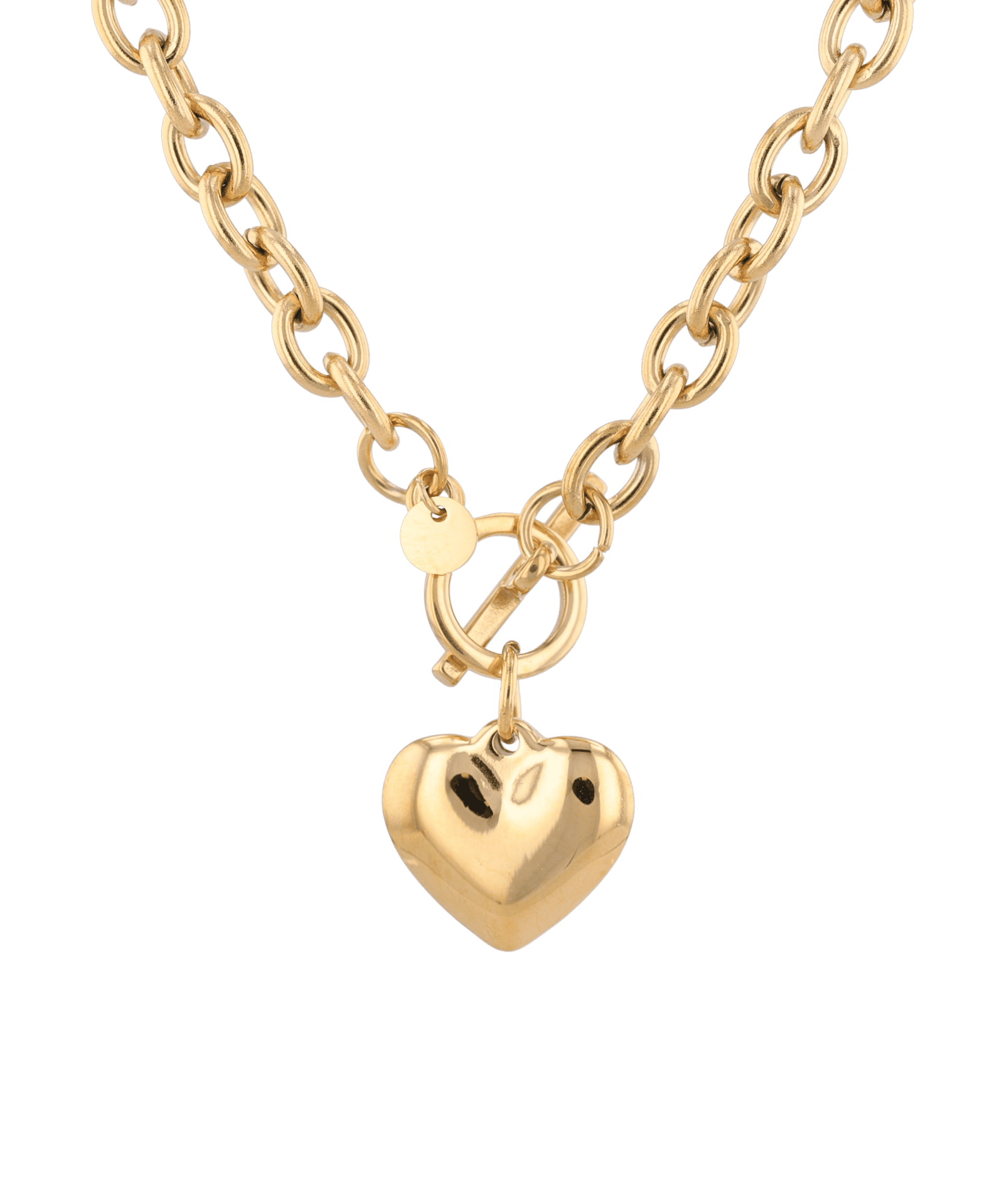 Mod Heart Gold Chain Necklace by Lavana, chunky rolo chain with polished heart charm, front view