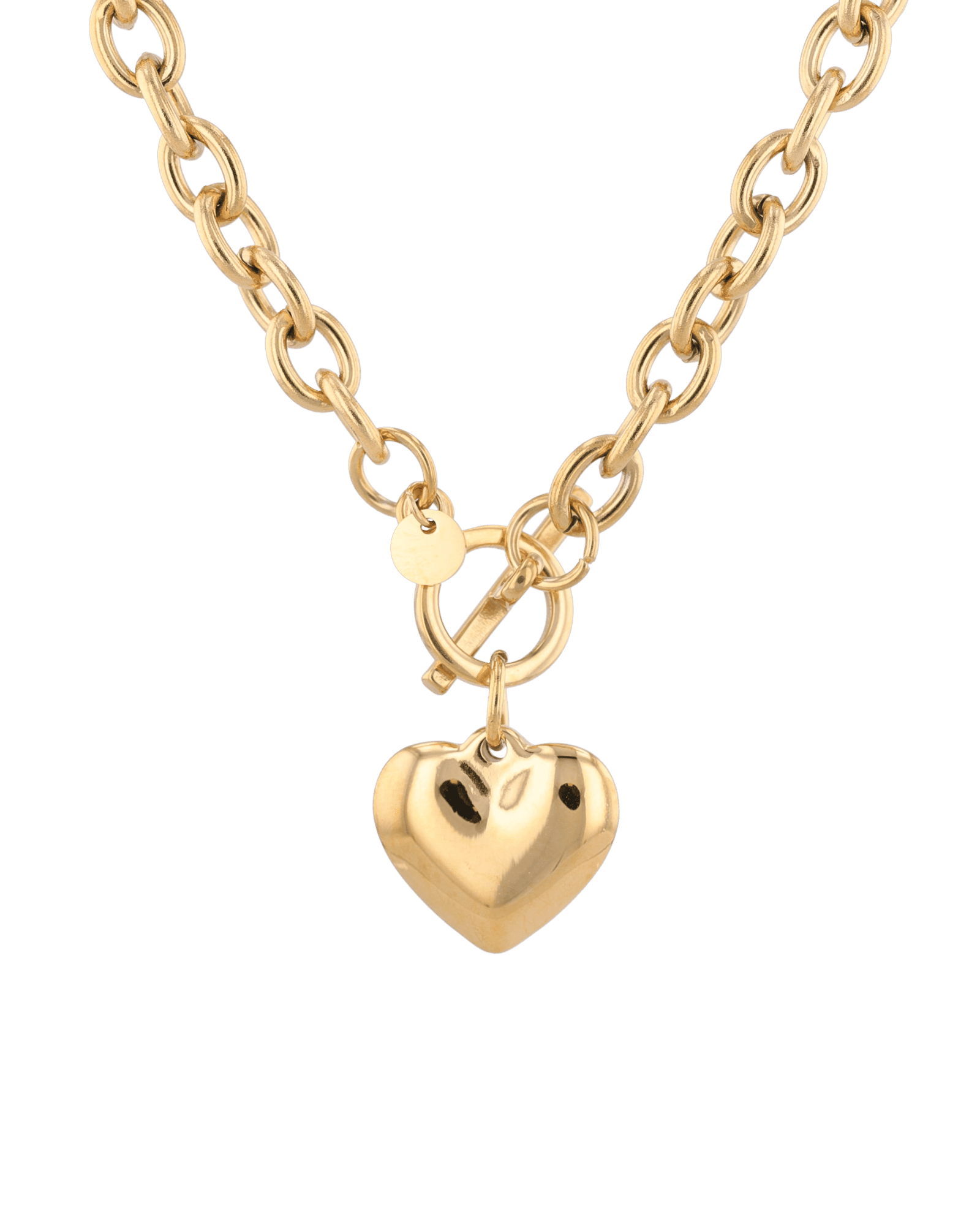 Mod Heart Gold Chain Necklace by Lavana, chunky rolo chain with polished heart charm, front view