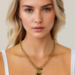 Mod Heart Gold Chain Necklace by Lavana, on model; chunky rolo chain with polished heart charm