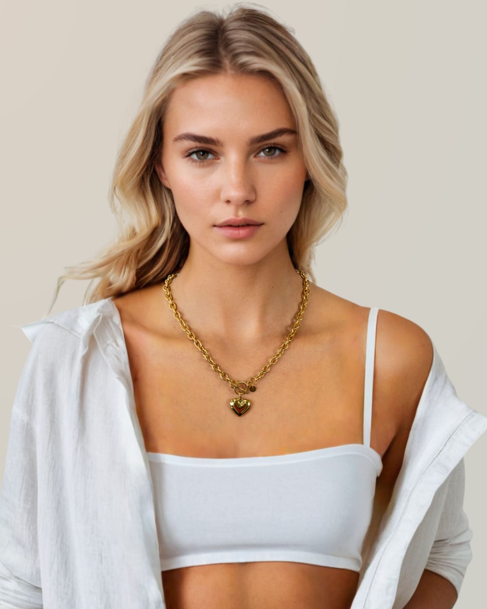Mod Heart Gold Chain Necklace by Lavana, on model; chunky rolo chain with polished heart charm