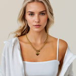 Mod Heart Gold Chain Necklace by Lavana, on model; chunky rolo chain with polished heart charm