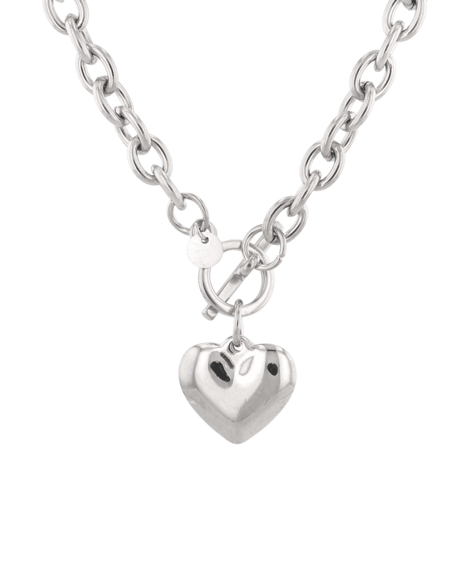Mod Heart Silver Chain Necklace by Lavana, chunky rolo chain with polished heart charm, front view