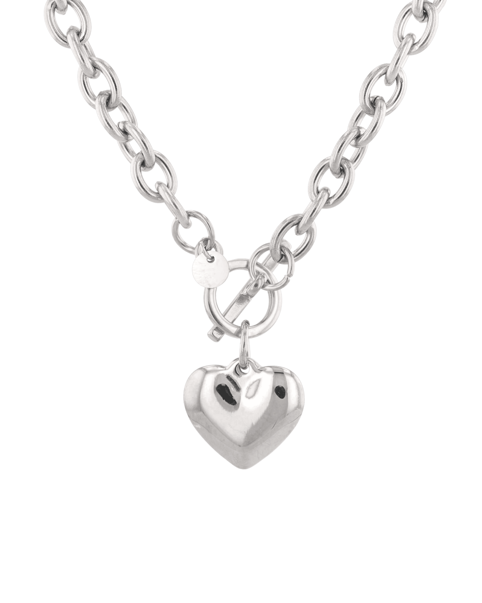 Mod Heart Silver Chain Necklace by Lavana, chunky rolo chain with polished heart charm, front view