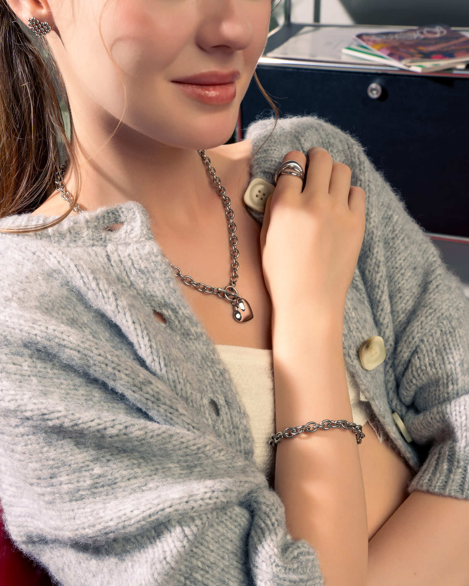 Mod Heart Silver Chain Necklace by Lavana, on model chunky rolo chain with polished classic heart charm