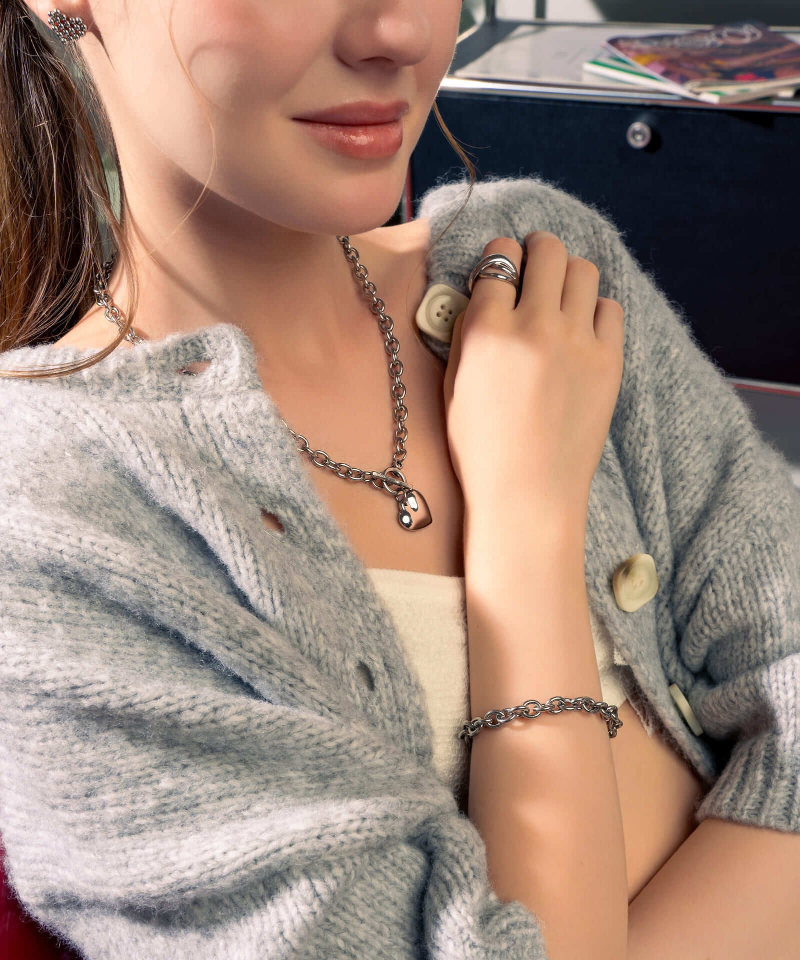 Mod Heart Silver Chain Necklace by Lavana, on model chunky rolo chain with polished classic heart charm