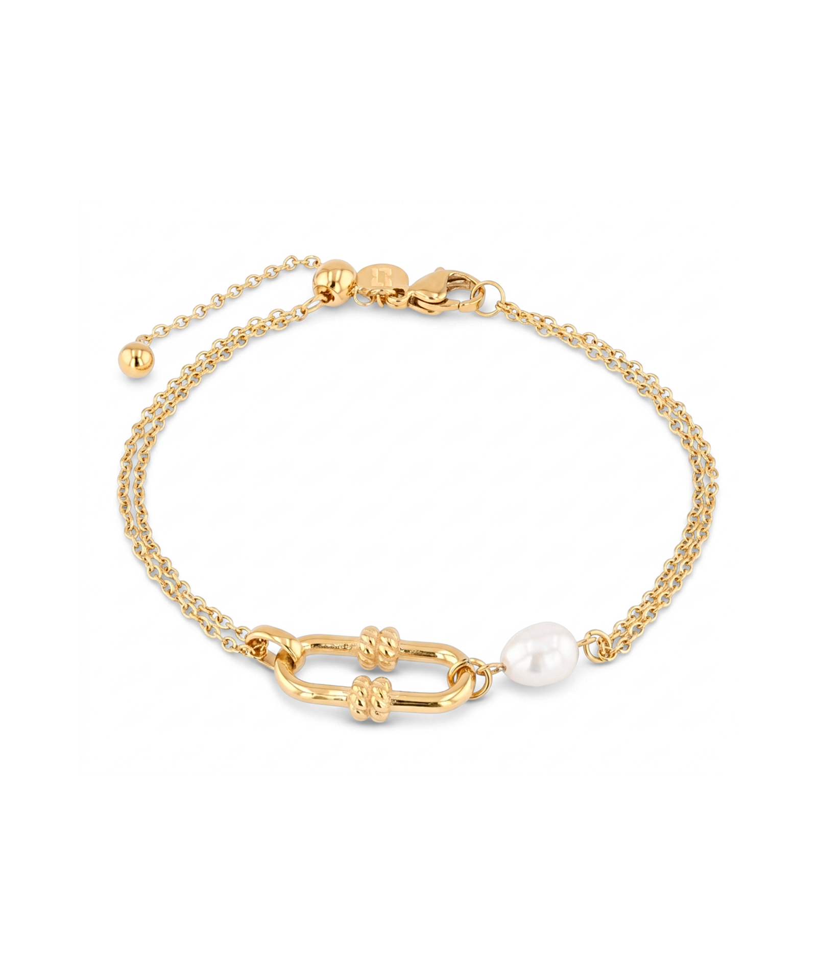 Monaco Gold Pearl Bracelet by LAVANA, freshwater pearl double strand bracelet with textured link detail 1
