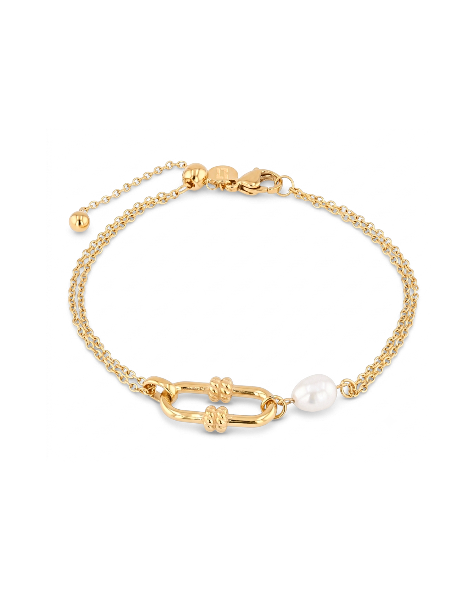 Monaco Gold Pearl Bracelet by LAVANA, freshwater pearl double strand bracelet with textured link detail 1
