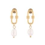 Monaco Gold Pearl Earrings by LAVANA, elongated link design with freshwater pearl drops