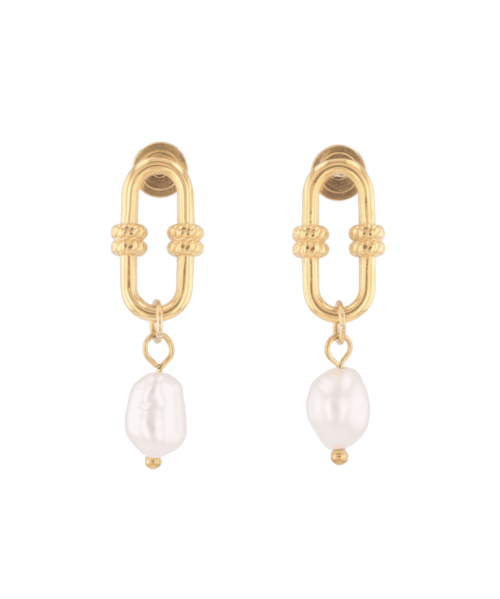 Monaco Gold Pearl Earrings by LAVANA, elongated link design with freshwater pearl drops