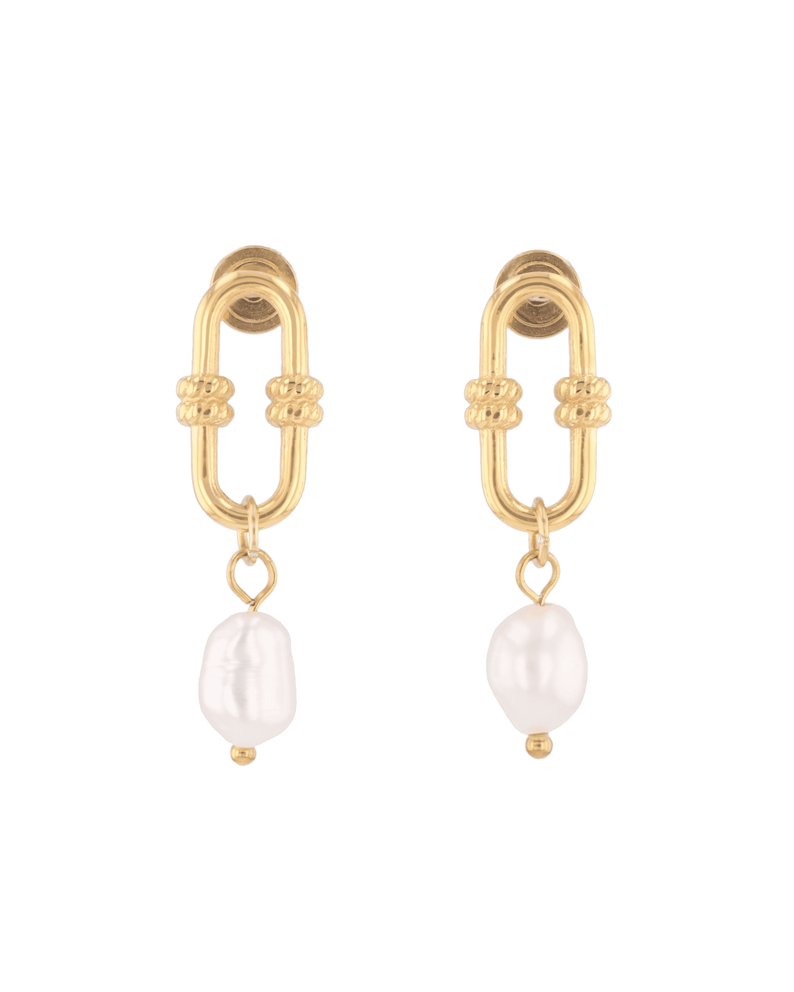 Monaco Gold Pearl Earrings by LAVANA, elongated link design with freshwater pearl drops