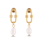 Monaco Gold Pearl Earrings by LAVANA, elongated link design with freshwater pearl drops