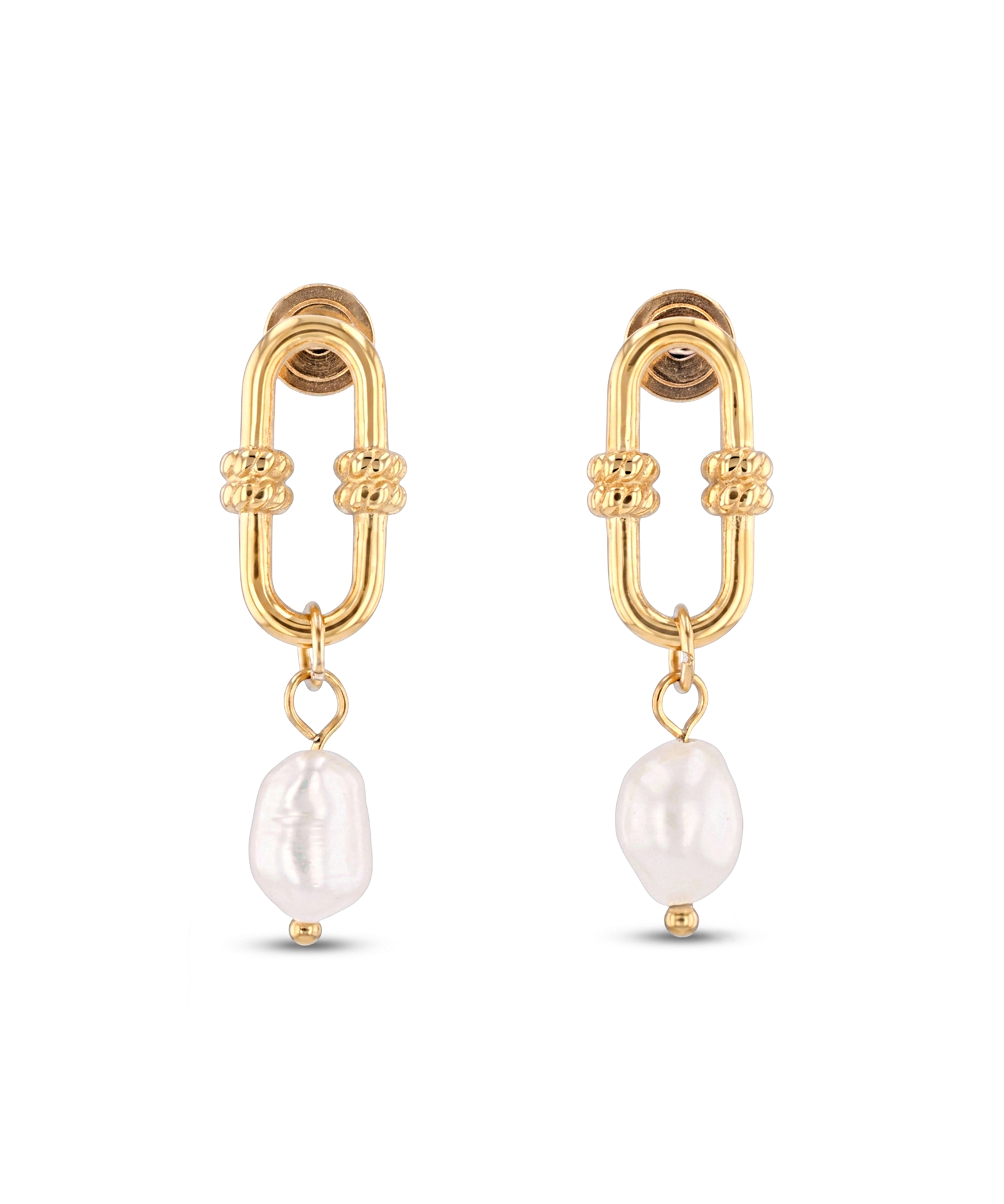 Monaco Gold Pearl Earrings by LAVANA, elongated link design with freshwater pearl drops