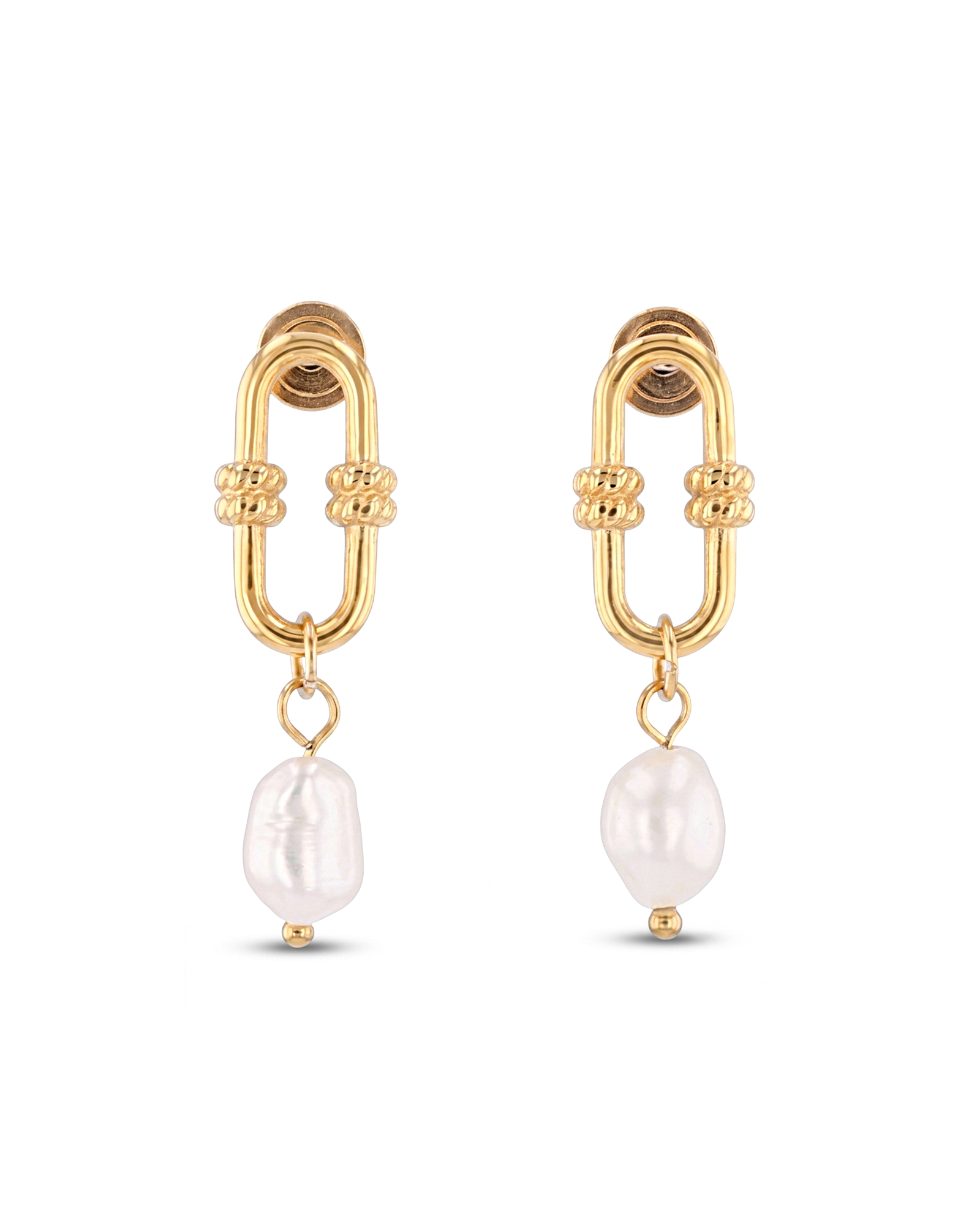 Monaco Gold Pearl Earrings by LAVANA, elongated link design with freshwater pearl drops