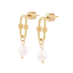 Monaco Gold Pearl Earrings by LAVANA, elongated link design with freshwater pearl drops