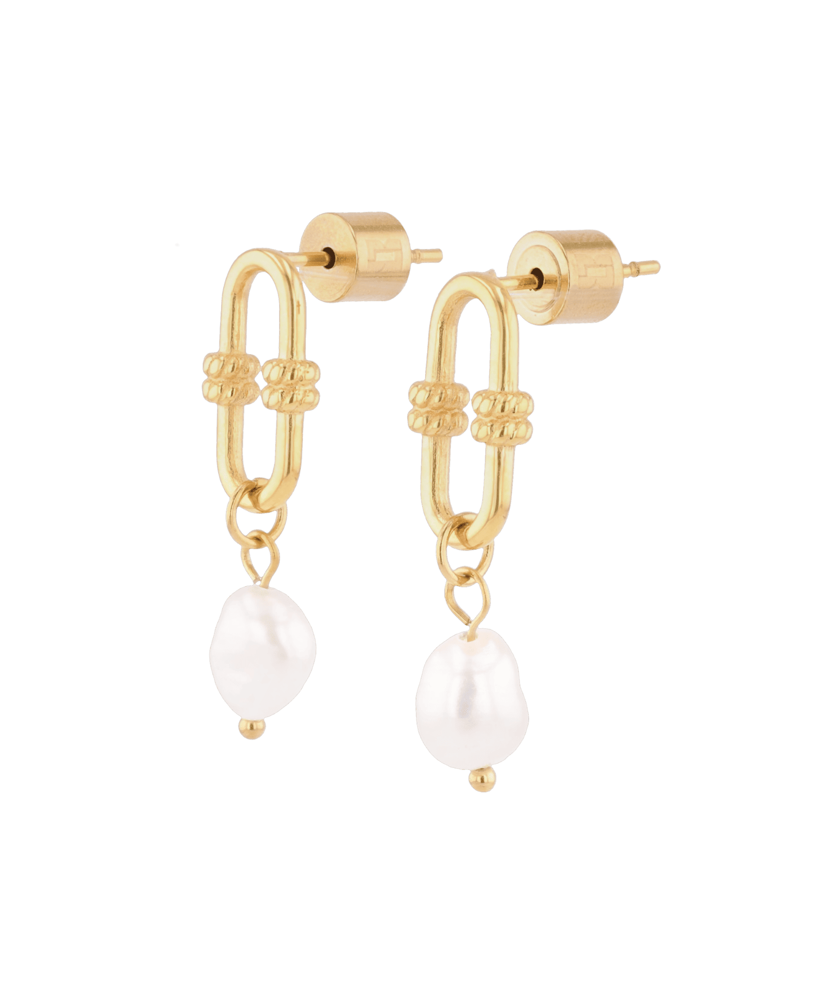 Monaco Gold Pearl Earrings by LAVANA, elongated link design with freshwater pearl drops