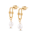 Monaco Gold Pearl Earrings by LAVANA, elongated link design with freshwater pearl drops