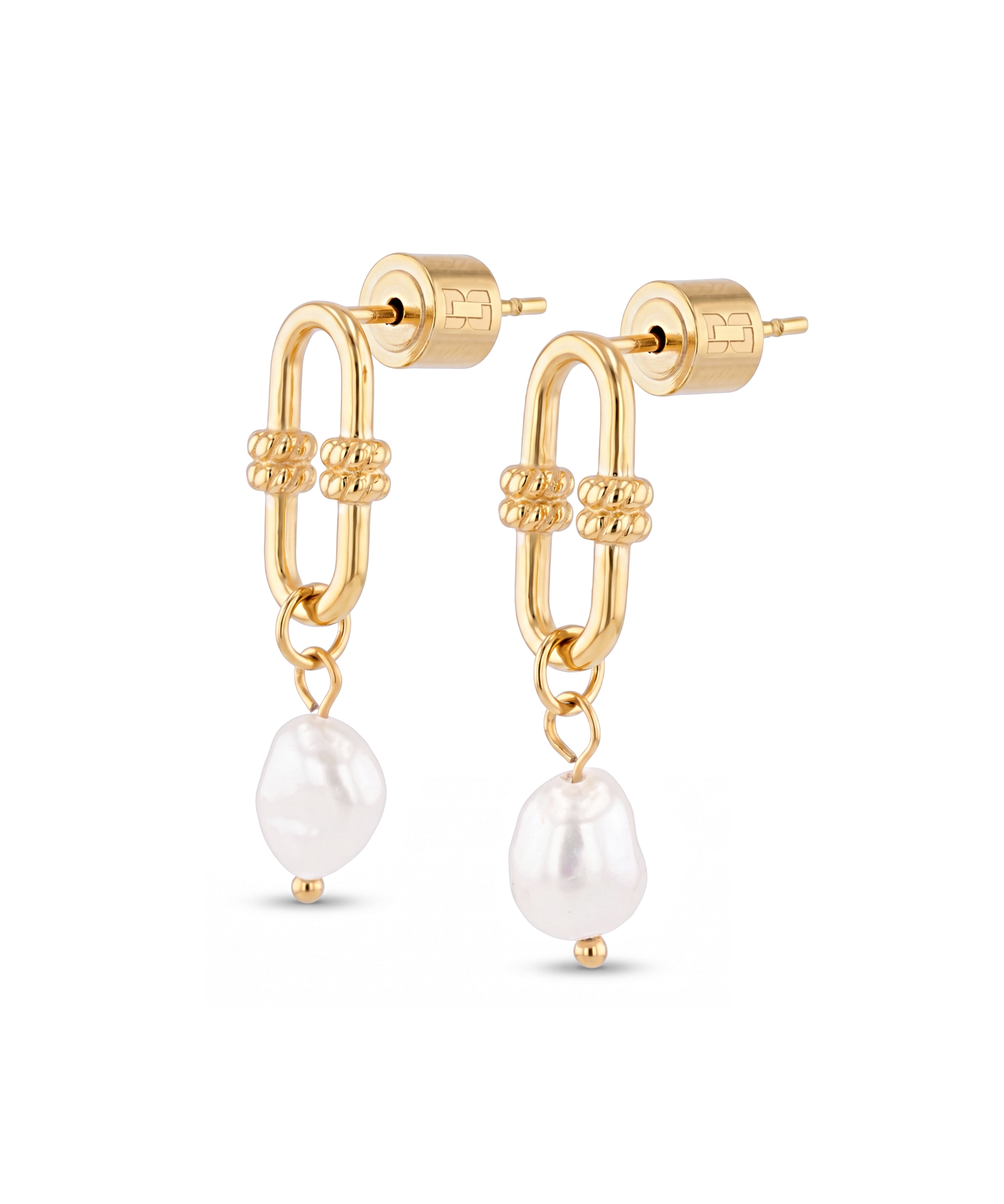 Monaco Gold Pearl Earrings by LAVANA, elongated link design with freshwater pearl drops