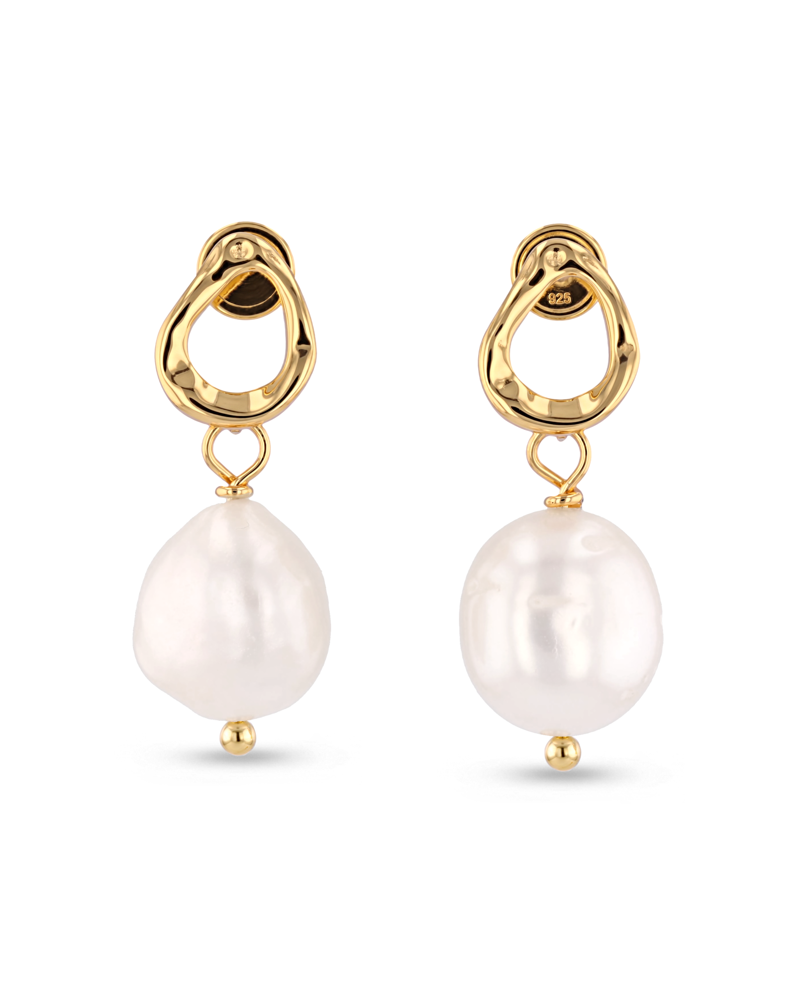 Mondello Gold Pearl Drop Earrings by LAVANA, textured organic circle with freshwater pearl drop