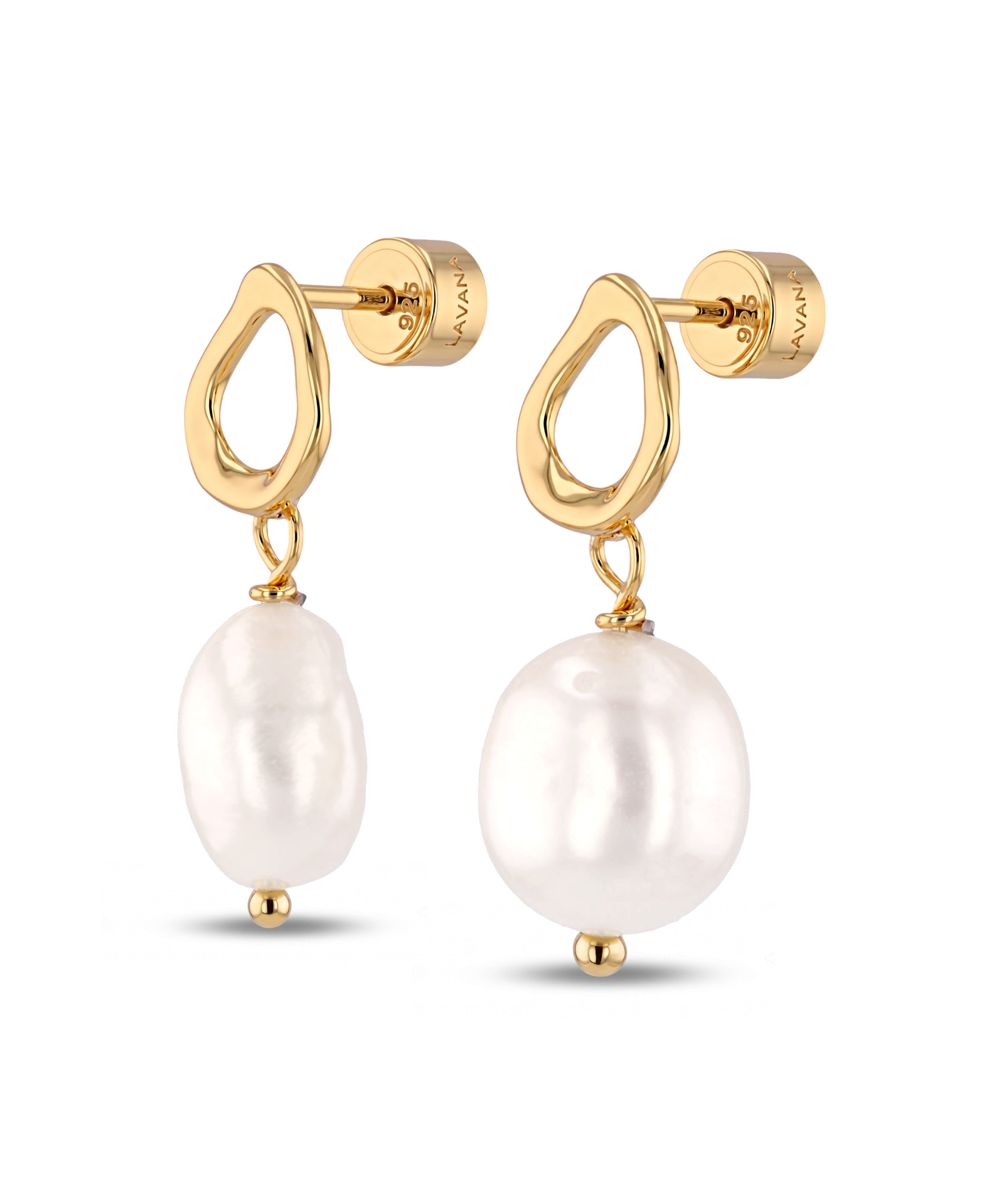 Mondello Gold Pearl Drop Earrings by LAVANA, textured organic circle with freshwater pearl drop