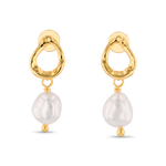 Mondello Gold Pearl Drop Earrings by LAVANA, textured organic circle with freshwater pearl drop