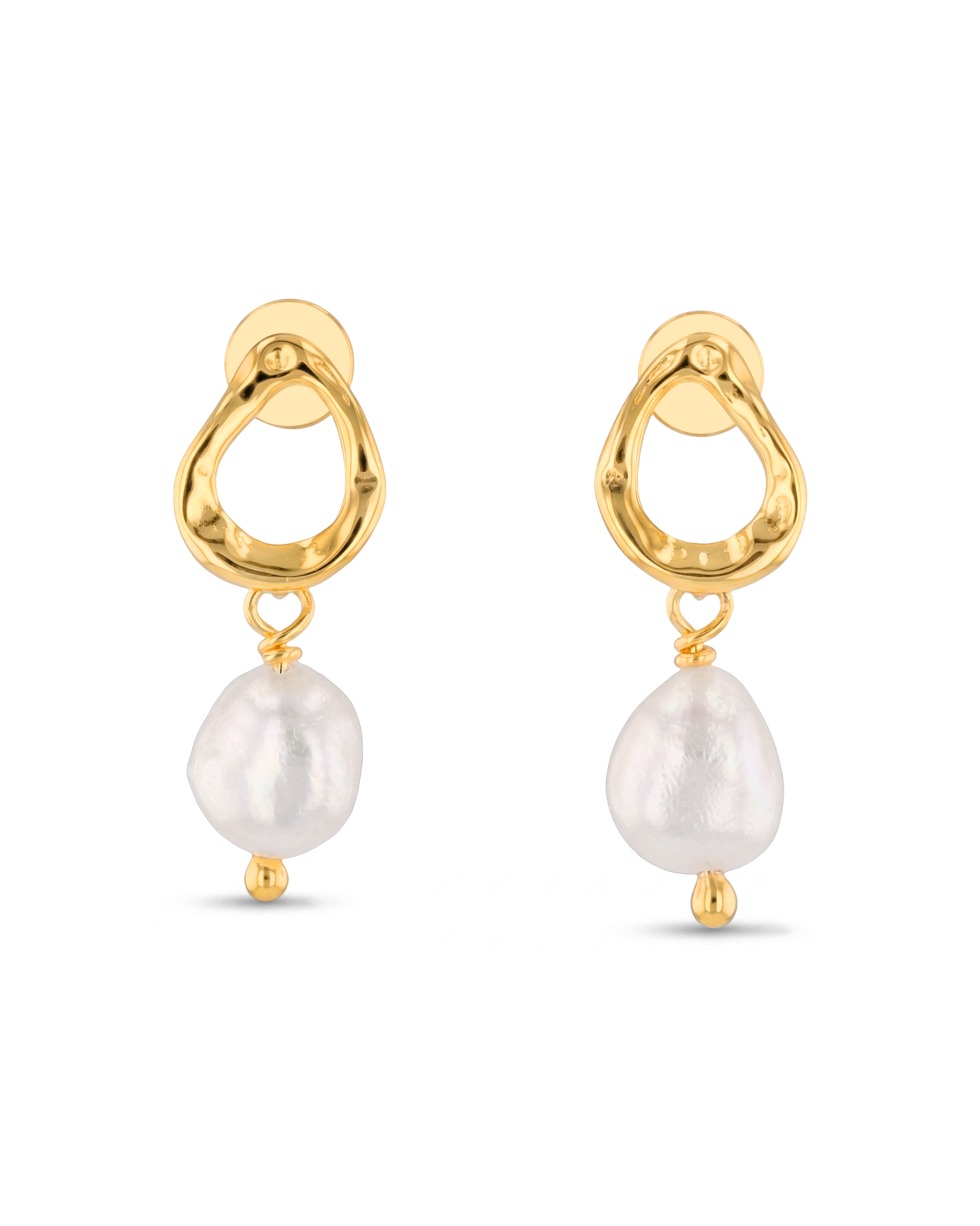 Mondello Gold Pearl Drop Earrings by LAVANA, textured organic circle with freshwater pearl drop