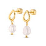 Mondello Gold Pearl Drop Earrings by LAVANA, textured organic circle with freshwater pearl drop