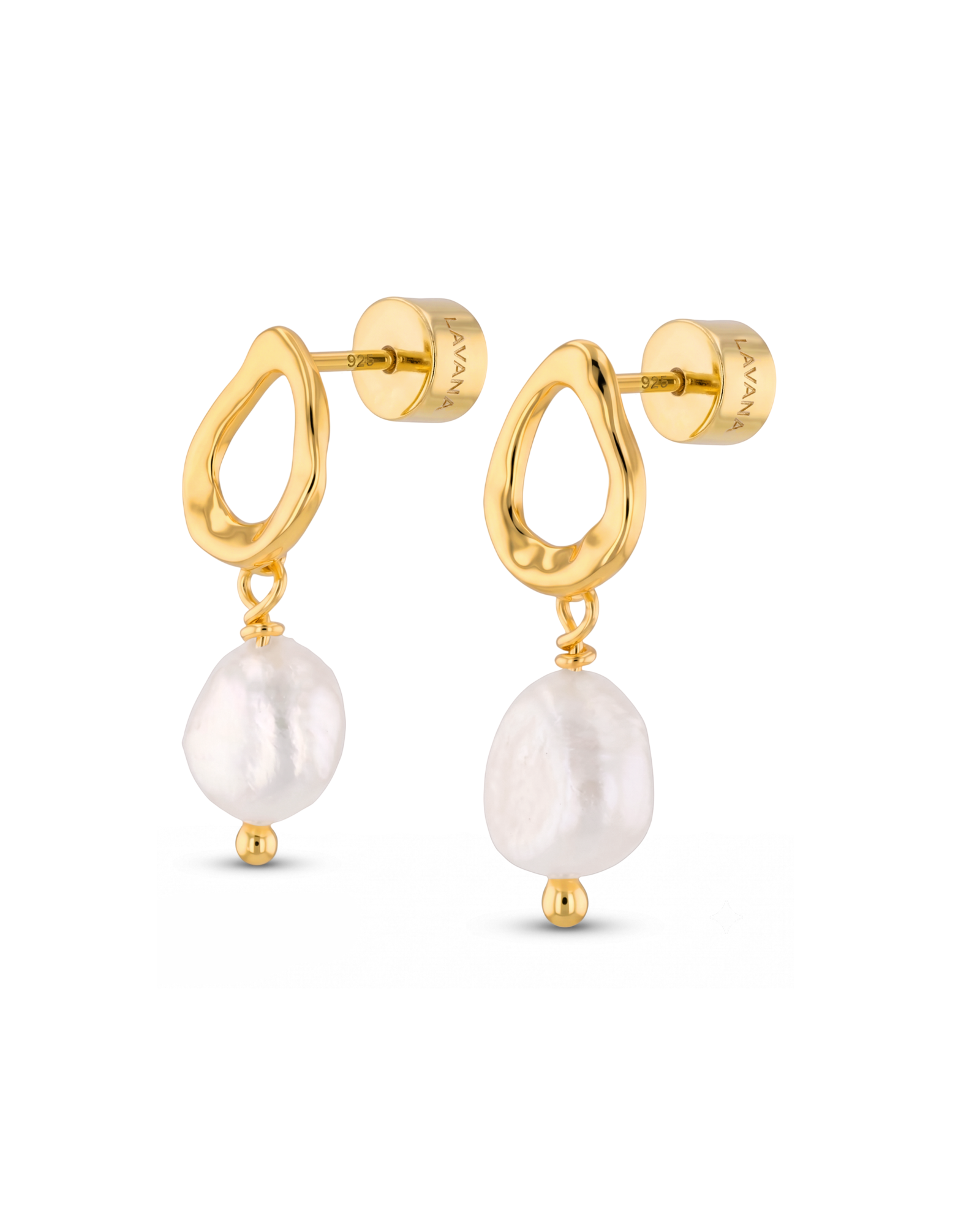 Mondello Gold Pearl Drop Earrings by LAVANA, textured organic circle with freshwater pearl drop