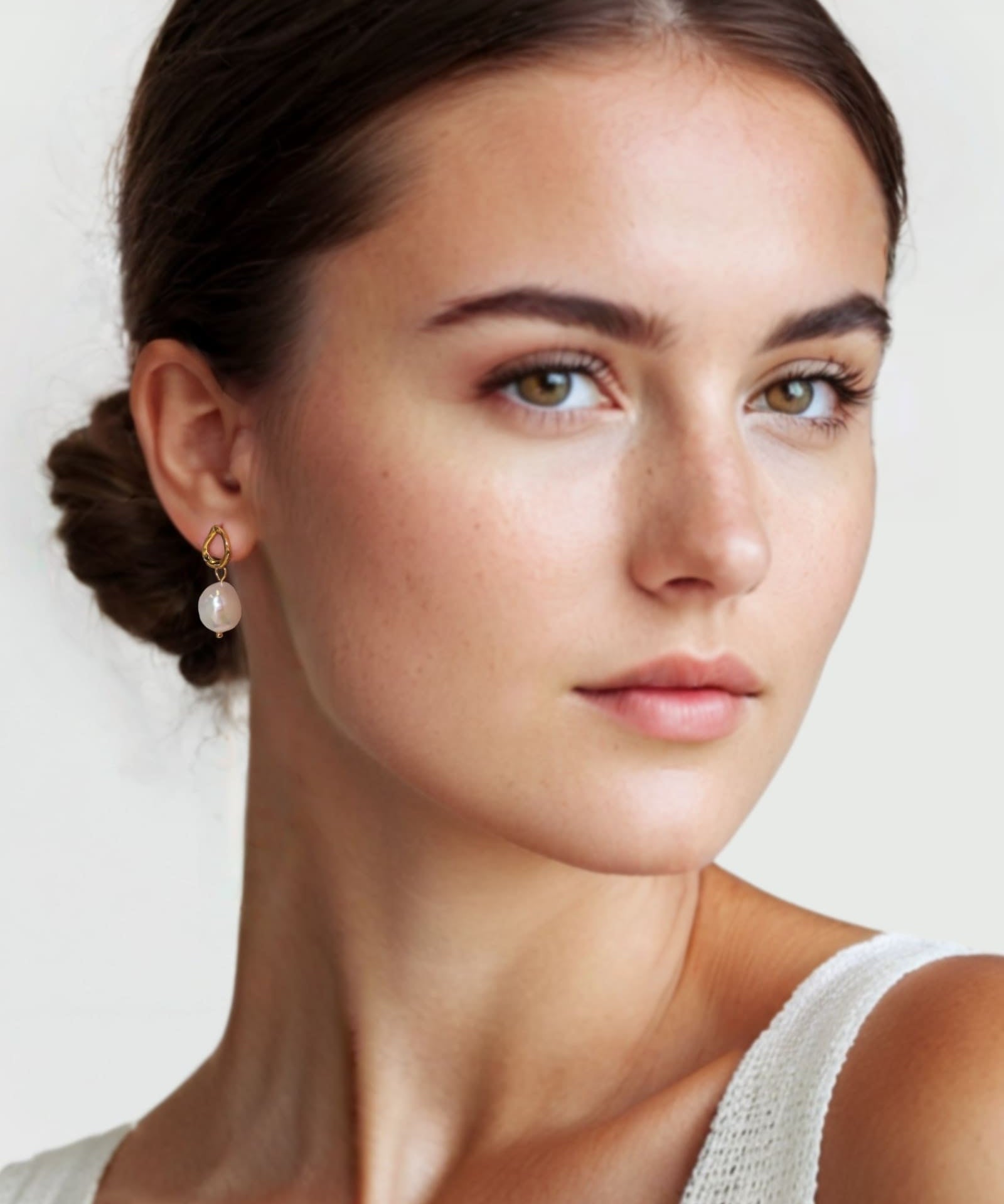 Mondello Gold Pearl Drop Earrings by Lavana on model textured organic circle with freshwater pearl drop