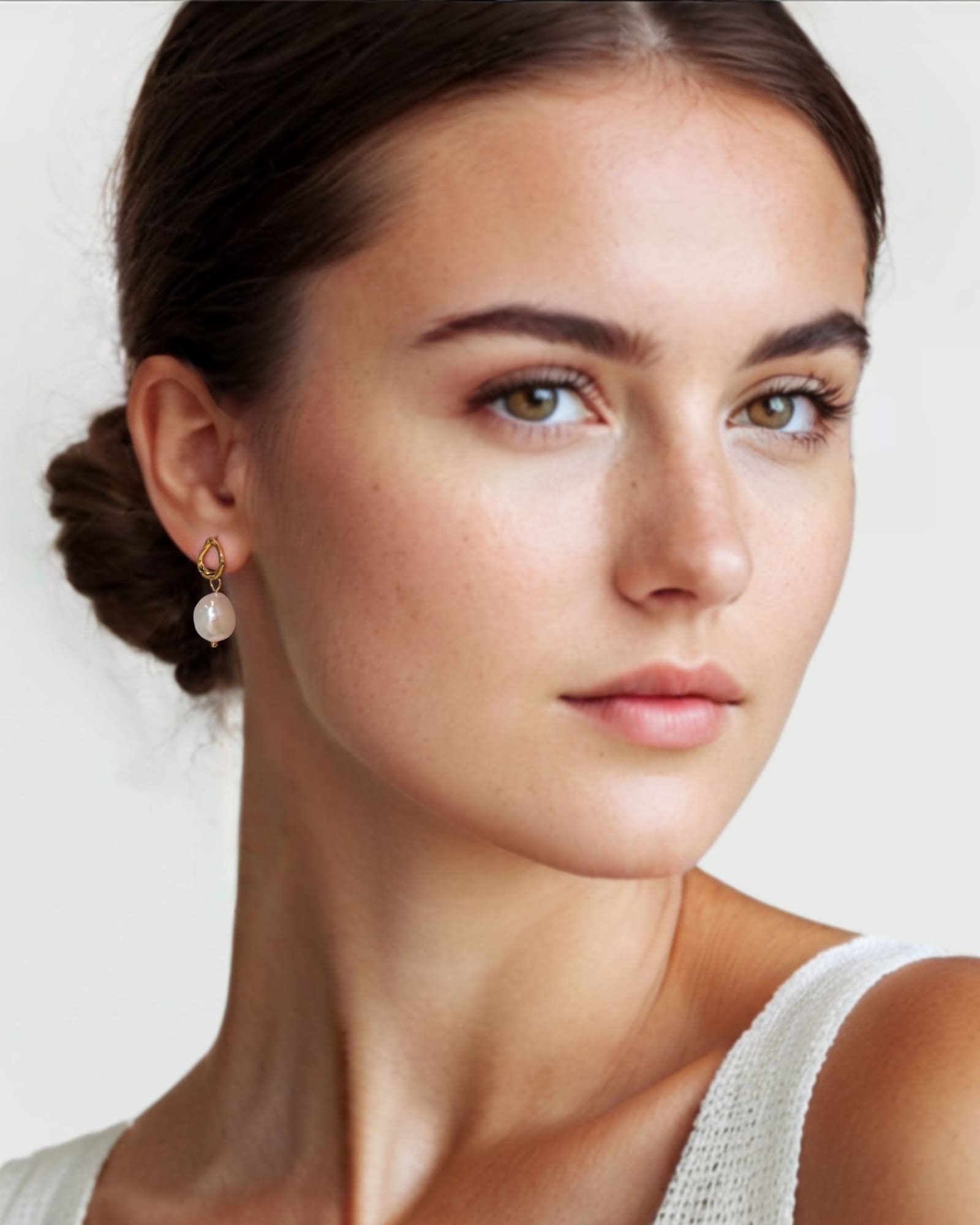 Mondello Gold Pearl Drop Earrings by Lavana on model textured organic circle with freshwater pearl drop