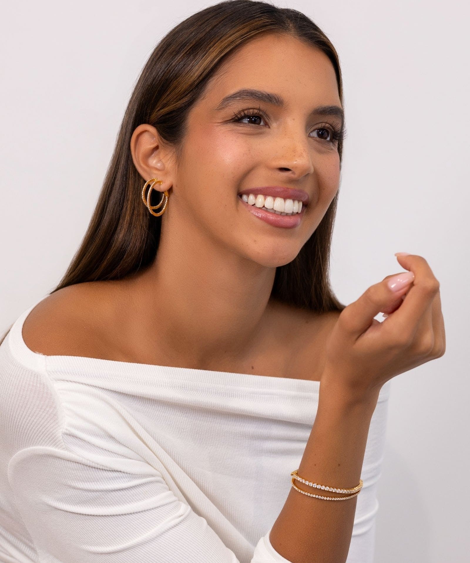 Monte Carlo Gold Diamond Hoop Earrings by Lavana on model in 18k gold vermeil pave sparkling lab grown diamonds