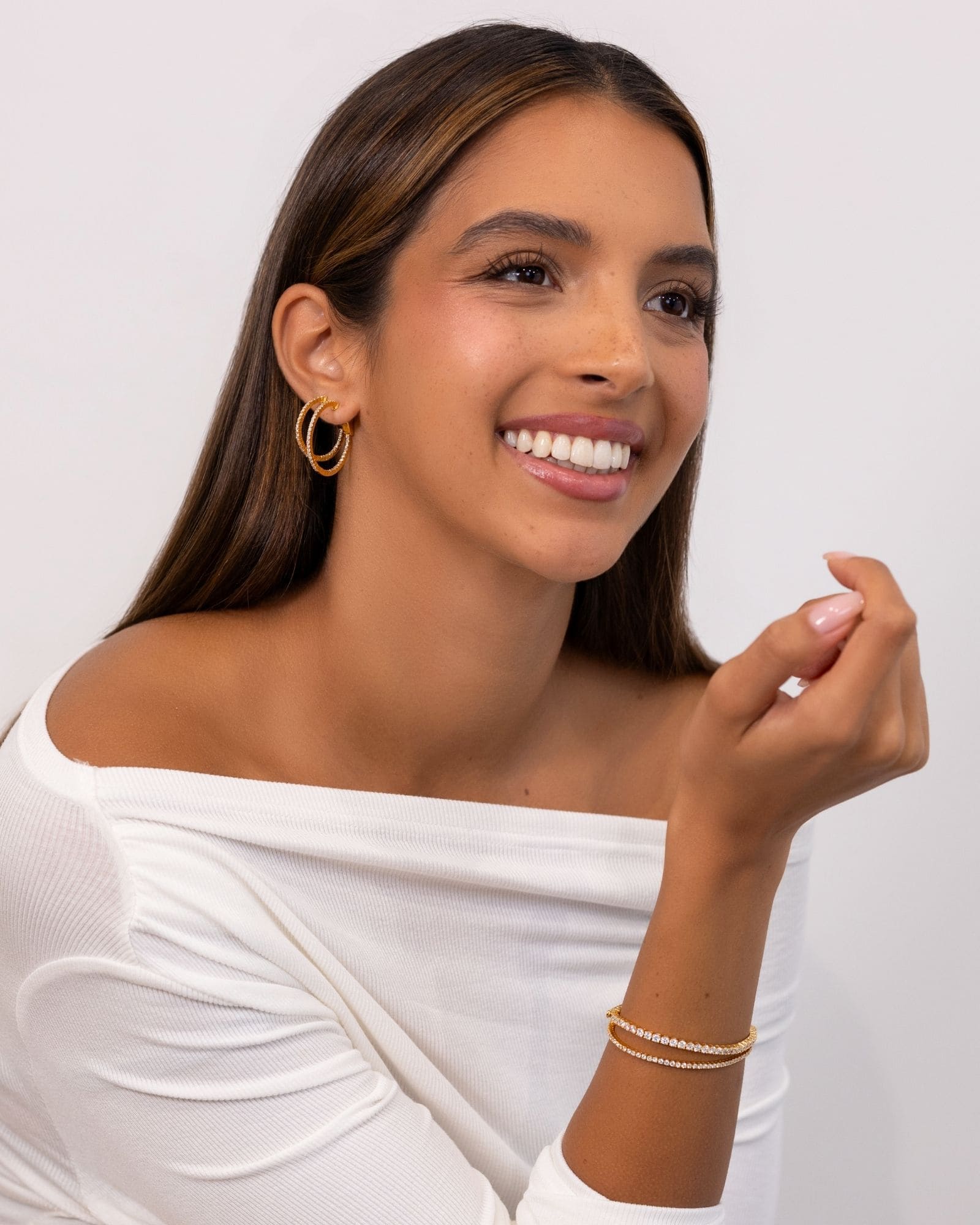 Monte Carlo Gold Diamond Hoop Earrings by Lavana on model in 18k gold vermeil pave sparkling lab grown diamonds