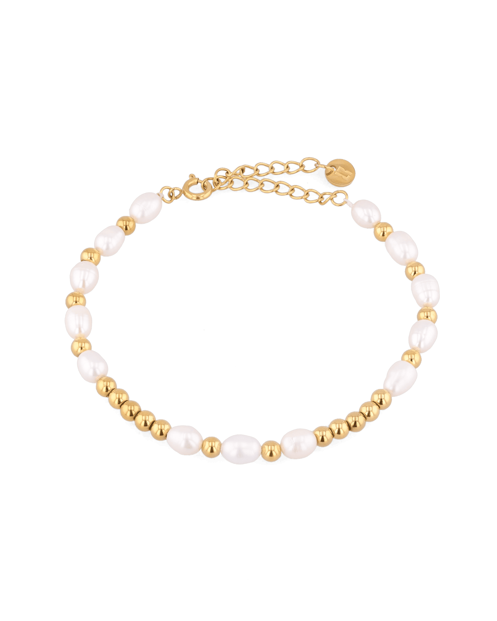Moontide Gold Pearl Bracelet by Lavana with freshwater pearls, polished gold beads and extender chain